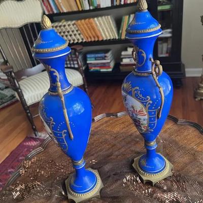 Stamped Antique Pair of French Blue Porcelain Floral Hand Painted Urn Vase