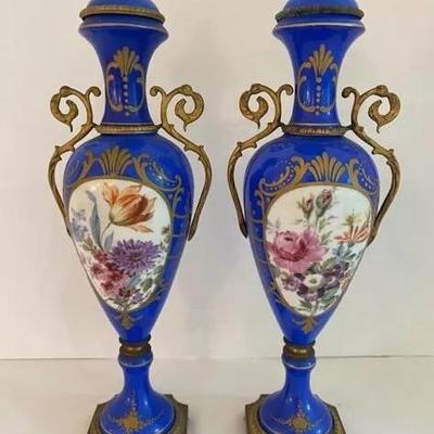 Stamped Antique Pair of French Blue Porcelain Floral Hand Painted Urn Vase