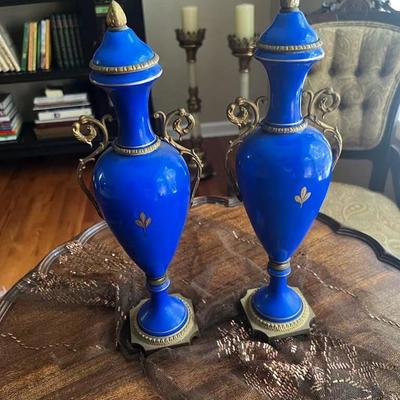 Stamped Antique Pair of French Blue Porcelain Floral Hand Painted Urn Vase