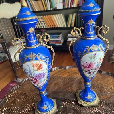 Stamped Antique Pair of French Blue Porcelain Floral Hand Painted Urn Vase