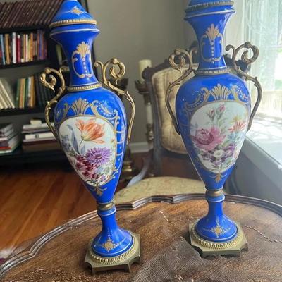 Stamped Antique Pair of French Blue Porcelain Floral Hand Painted Urn Vase