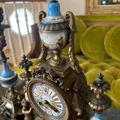 Antique Mantel Porcelain Hand Painted Clock 3 Pc Set Candelabras Putti Bronze