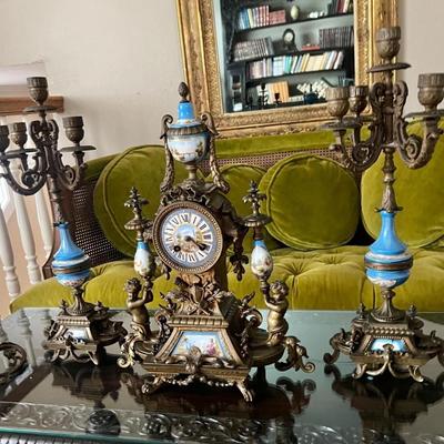 Antique Mantel Porcelain Hand Painted Clock 3 Pc Set Candelabras Putti Bronze