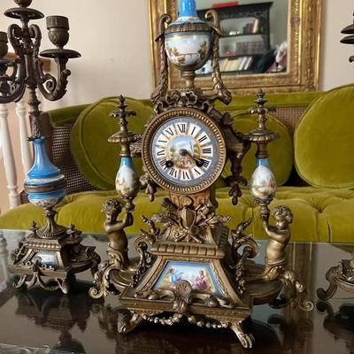 Antique Mantel Porcelain Hand Painted Clock 3 Pc Set Candelabras Putti Bronze