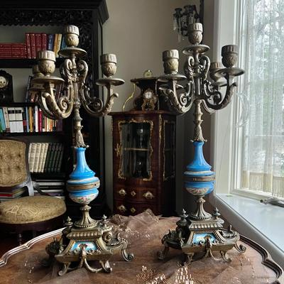 Antique Mantel Porcelain Hand Painted Clock 3 Pc Set Candelabras Putti Bronze