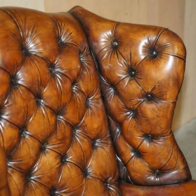PAIR OF BROWN LEATHER THOMAS CHIPPENDALE CHESTERFIELD TUFTED WINGBACK ARMCHAIRS