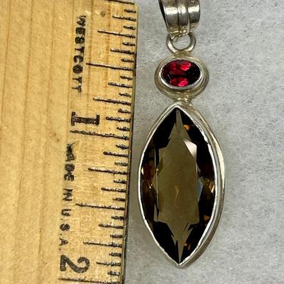 Smoky quartz and Garnet sterling pendant