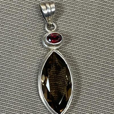 Smoky quartz and Garnet sterling pendant