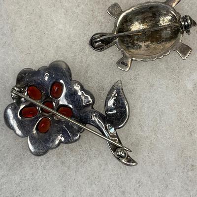 Flower & Turtle Sterling and marcasite pins
