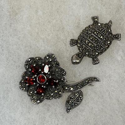 Flower & Turtle Sterling and marcasite pins