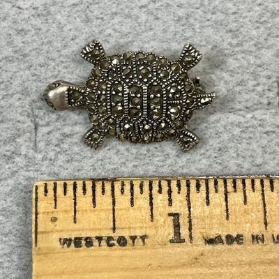 Flower & Turtle Sterling and marcasite pins