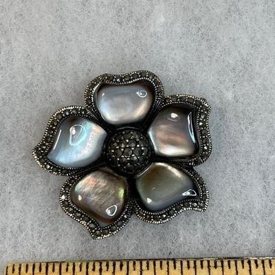 Big black shell, marcasite and sterling silver flower pin