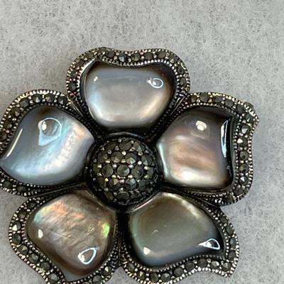 Big black shell, marcasite and sterling silver flower pin