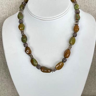 Brown and green Turquoise and smoky quartz sterling necklace