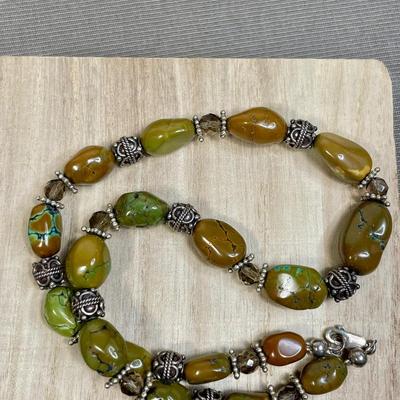 Brown and green Turquoise and smoky quartz sterling necklace