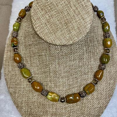 Brown and green Turquoise and smoky quartz sterling necklace