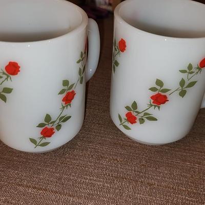 Pair of milk glass rose mugs