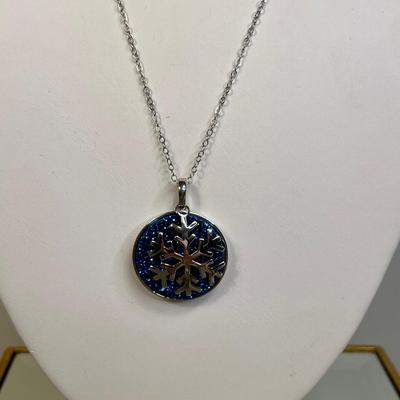 Sterling silver blue drusy and snowflake necklace