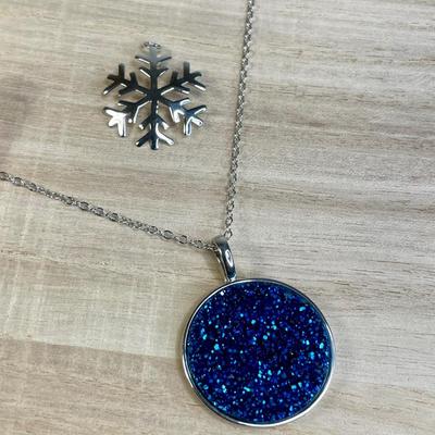 Sterling silver blue drusy and snowflake necklace