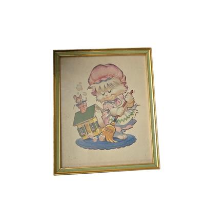Vintage Framed 1965 Donald Art Co Mouse House Kitten Cat Sweeping Art