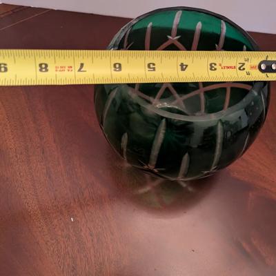 Vintage Art Glass Crystal Emerald Green Cut To Clear Rose Bowl