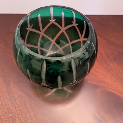 Vintage Art Glass Crystal Emerald Green Cut To Clear Rose Bowl