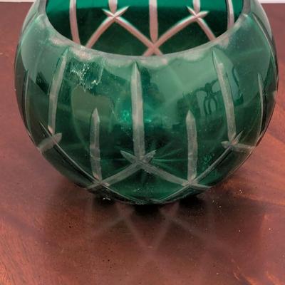 Vintage Art Glass Crystal Emerald Green Cut To Clear Rose Bowl