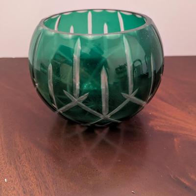 Vintage Art Glass Crystal Emerald Green Cut To Clear Rose Bowl