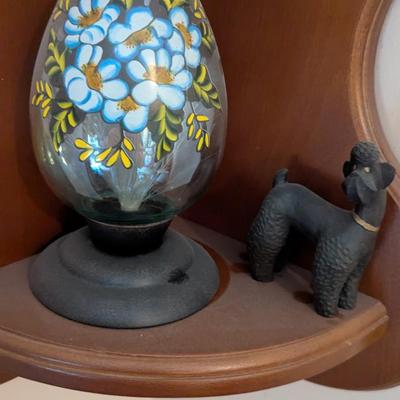 Wooden Corner Shelf With Vintage Fiber Optic Glass Egg Shaped Lamp Cross Wall Decor Candle & Building
