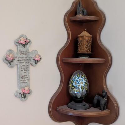 Wooden Corner Shelf With Vintage Fiber Optic Glass Egg Shaped Lamp Cross Wall Decor Candle & Building