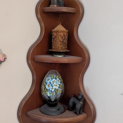 Wooden Corner Shelf With Vintage Fiber Optic Glass Egg Shaped Lamp Cross Wall Decor Candle & Building