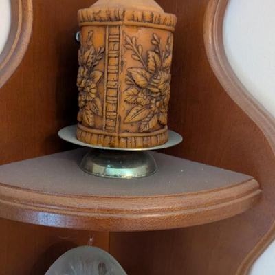 Wooden Corner Shelf With Vintage Fiber Optic Glass Egg Shaped Lamp Cross Wall Decor Candle & Building