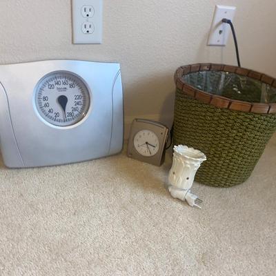 SCALE, WASTE BASKET, ELECTRIC CLOCK & NIGHT LIGHT