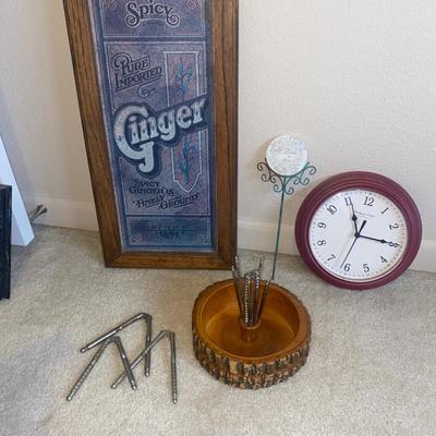 WALL ART AND CLOCK, NUT BOWL/W TOOLS AND A STAKED FLOWER POT SIGN