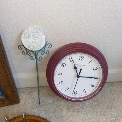 WALL ART AND CLOCK, NUT BOWL/W TOOLS AND A STAKED FLOWER POT SIGN