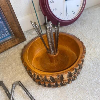 WALL ART AND CLOCK, NUT BOWL/W TOOLS AND A STAKED FLOWER POT SIGN