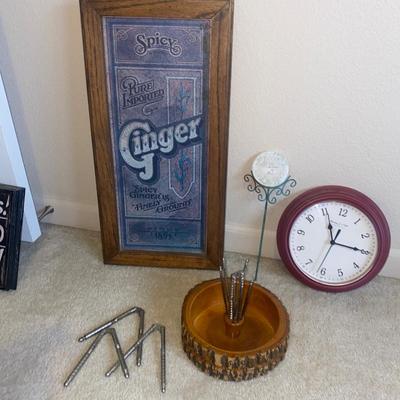 WALL ART AND CLOCK, NUT BOWL/W TOOLS AND A STAKED FLOWER POT SIGN