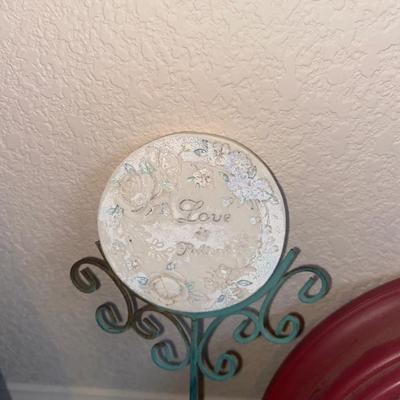 WALL ART AND CLOCK, NUT BOWL/W TOOLS AND A STAKED FLOWER POT SIGN