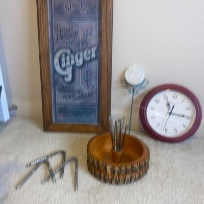 WALL ART AND CLOCK, NUT BOWL/W TOOLS AND A STAKED FLOWER POT SIGN