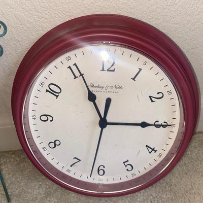 WALL ART AND CLOCK, NUT BOWL/W TOOLS AND A STAKED FLOWER POT SIGN