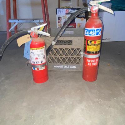 2 FIRE EXTINGUISHERS AND MILK CRATE