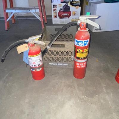 2 FIRE EXTINGUISHERS AND MILK CRATE