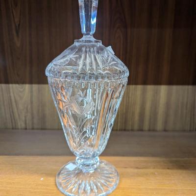Vintage Etched Clear Glass Covered Pedestal Candy Dish