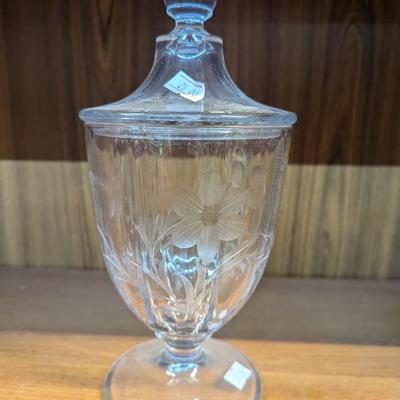 Vintage Etched Clear Glass Covered Pedestal Candy Dish