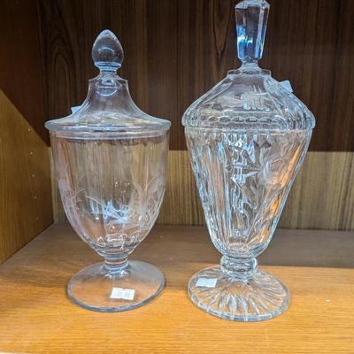 Vintage Etched Clear Glass Covered Pedestal Candy Dish