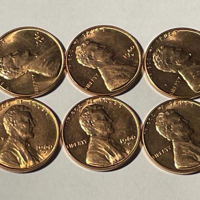 (6) 1960-D BU SMALL DATE FILLED "6" IN DATE VARIETY LINCOLN CENTS AS PICTURED. FREE DOMESTIC SHIPPING.