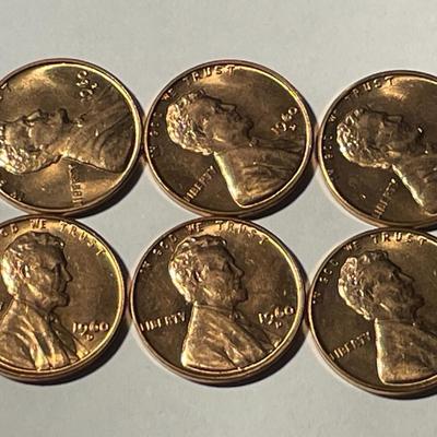 (6) 1960-D BU SMALL DATE FILLED "6" IN DATE VARIETY LINCOLN CENTS AS PICTURED. FREE DOMESTIC SHIPPING.