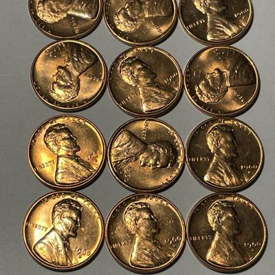 (12) 1960-D BU SMALL DATE FILLED "R" IN LIBERTY VARIETY LINCOLN CENTS AS PICTURED. FREE DOMESTIC SHIPPING.