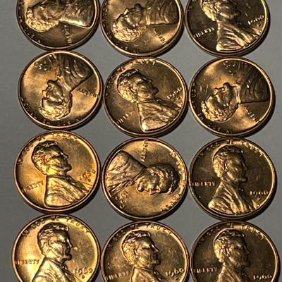(12) 1960-D BU SMALL DATE FILLED "R" IN LIBERTY VARIETY LINCOLN CENTS AS PICTURED. FREE DOMESTIC SHIPPING.
