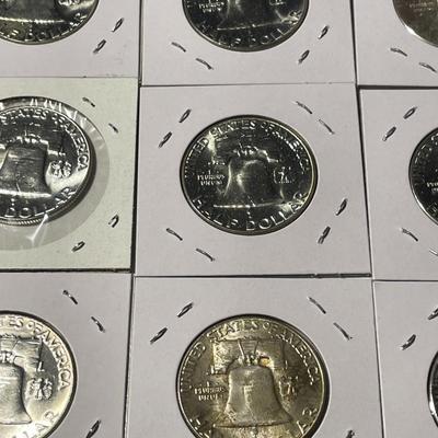 LOT OF (9) CHOICE BU FRANKLIN SILVER HALF DOLLARS (7-1960, & 2-1955) AS PICTURED. FREE DOMESTIC SHIPPING.
